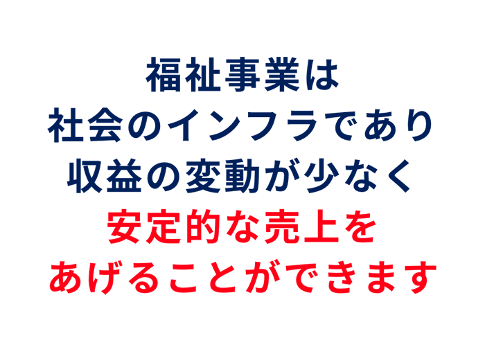 福祉事業は社会のインフラであり収益の変動が少なく安定的な売上をあげることができます